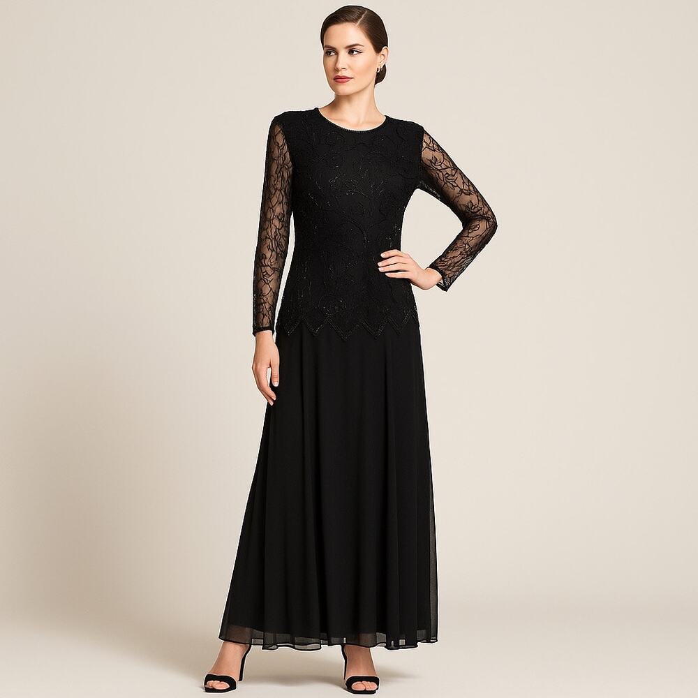 Vintage Size Large 100% Silk Beaded Long Gown Dress Black Long Sleeve Evening